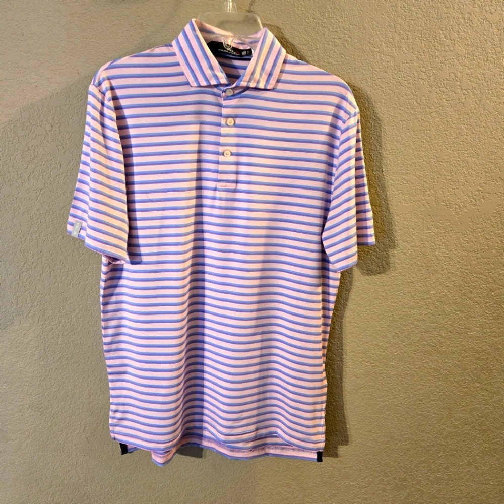 RLX Ralph Lauren Mens Black Label Pink/Blue/Purple Striped Short Sleeve Polo S
